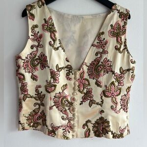 Cream Sleeveless Embroidered V-Neck Blouse with Pink & Olive Motif